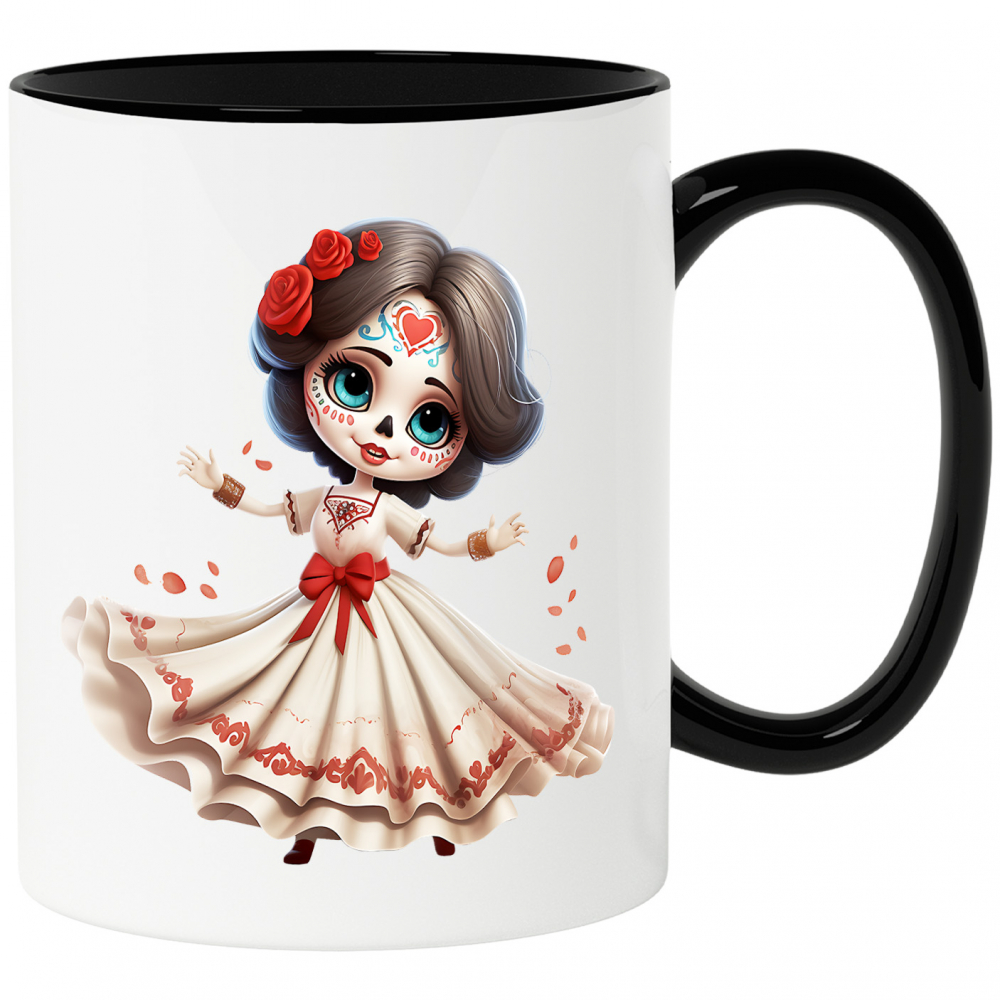 Cana cu o fata draguta care are un machiaj horror | ilustratie | craniu | rochie alba | Dia de Muertos | Mexic | fericire | sarbatoare | 330ml | Ceramica cu Maner Negru [1]