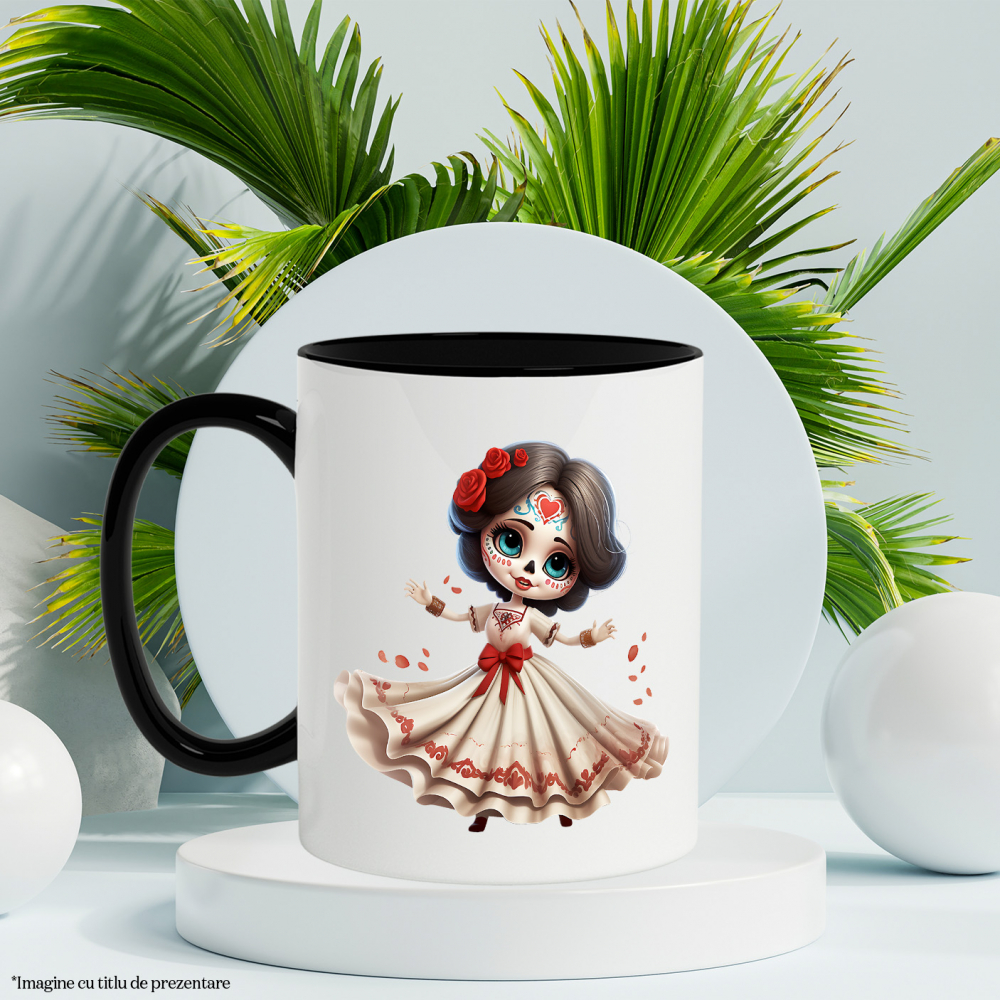 Cana cu o fata draguta care are un machiaj horror | ilustratie | craniu | rochie alba | Dia de Muertos | Mexic | fericire | sarbatoare | 330ml | Ceramica cu Maner Negru [3]