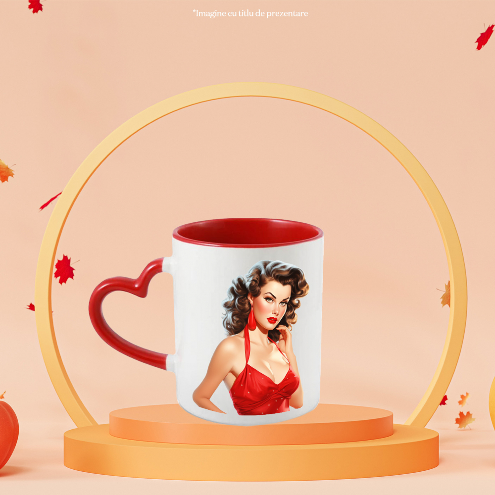 Cana cu o femeie frumoasa cu par saten, ilustratie, stil retro, vechi, de moda veche, rochie rosie, eleganta cu Maner Inima Rosie [2]