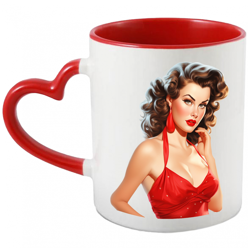 Cana cu o femeie frumoasa cu par saten, ilustratie, stil retro, vechi, de moda veche, rochie rosie, eleganta cu Maner Inima Rosie [1]