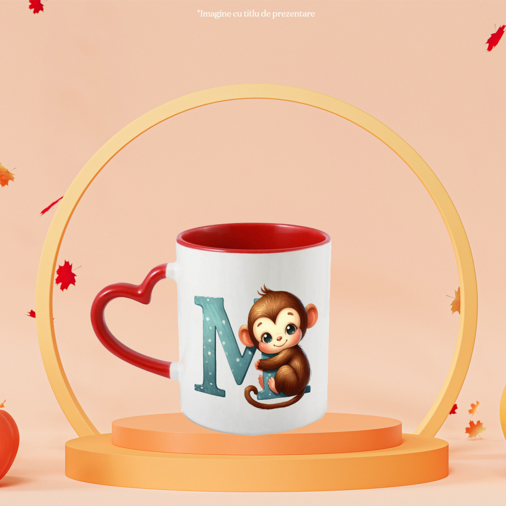 Cana cu o maimuta cu litera "M", ilustratie, pentru copii, scoala, elev, abecedar, alfabet cu Maner Inima Rosie [2]
