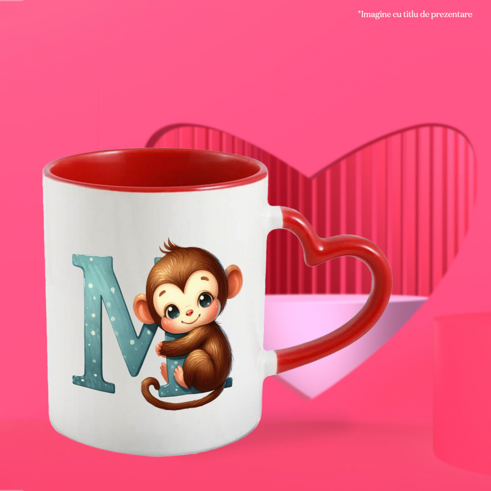 Cana cu o maimuta cu litera "M", ilustratie, pentru copii, scoala, elev, abecedar, alfabet cu Maner Inima Rosie [3]