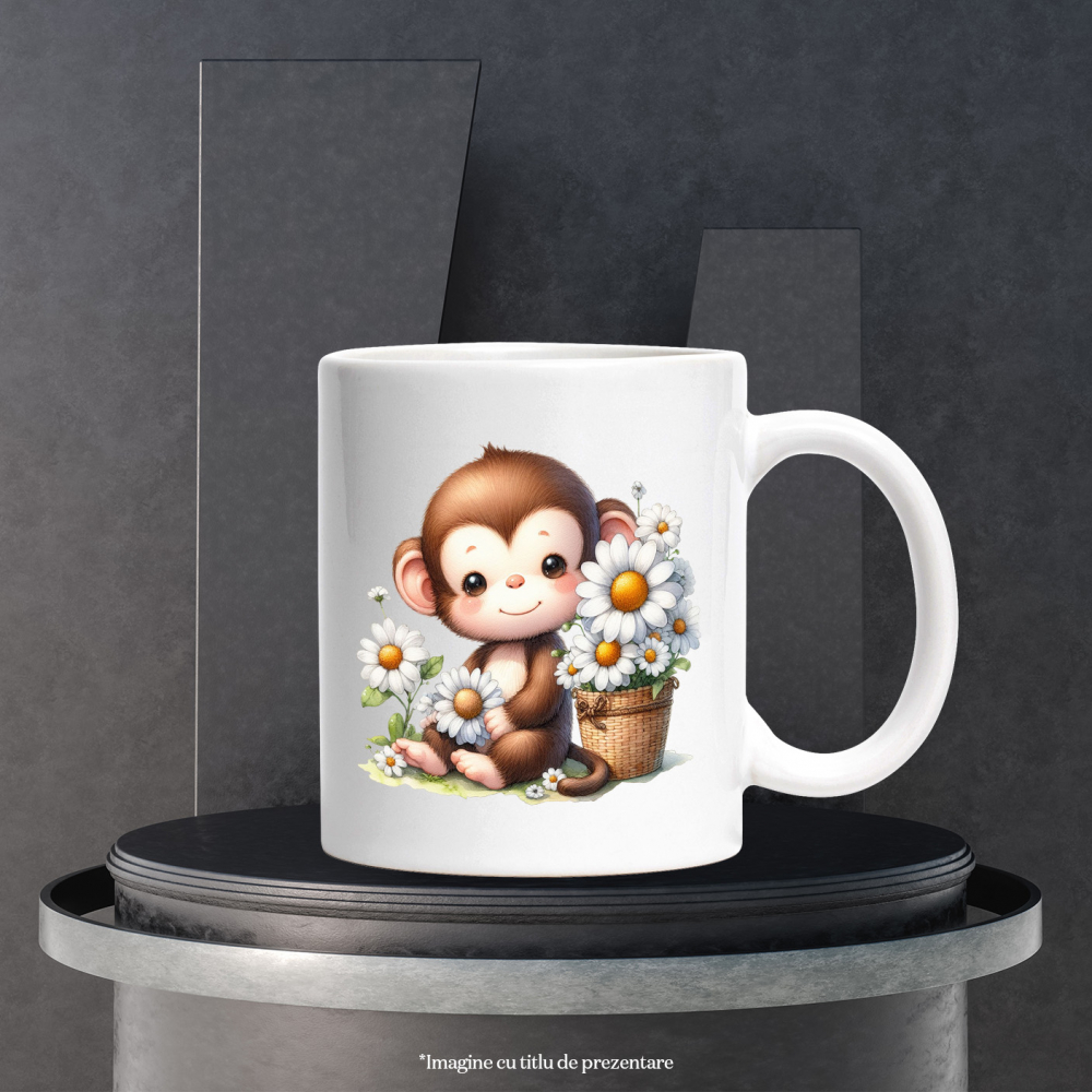 Cana cu o maimutica vesela care tine o floare | floricele albe | cosulet | imbujorata | animalut salbatic | 330ml | Ceramic cu Maner Alb [3]