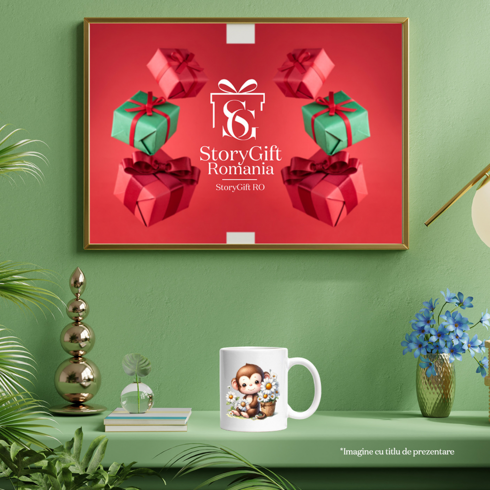 Cana cu o maimutica vesela care tine o floare | floricele albe | cosulet | imbujorata | animalut salbatic | 330ml | Ceramic cu Maner Alb [4]