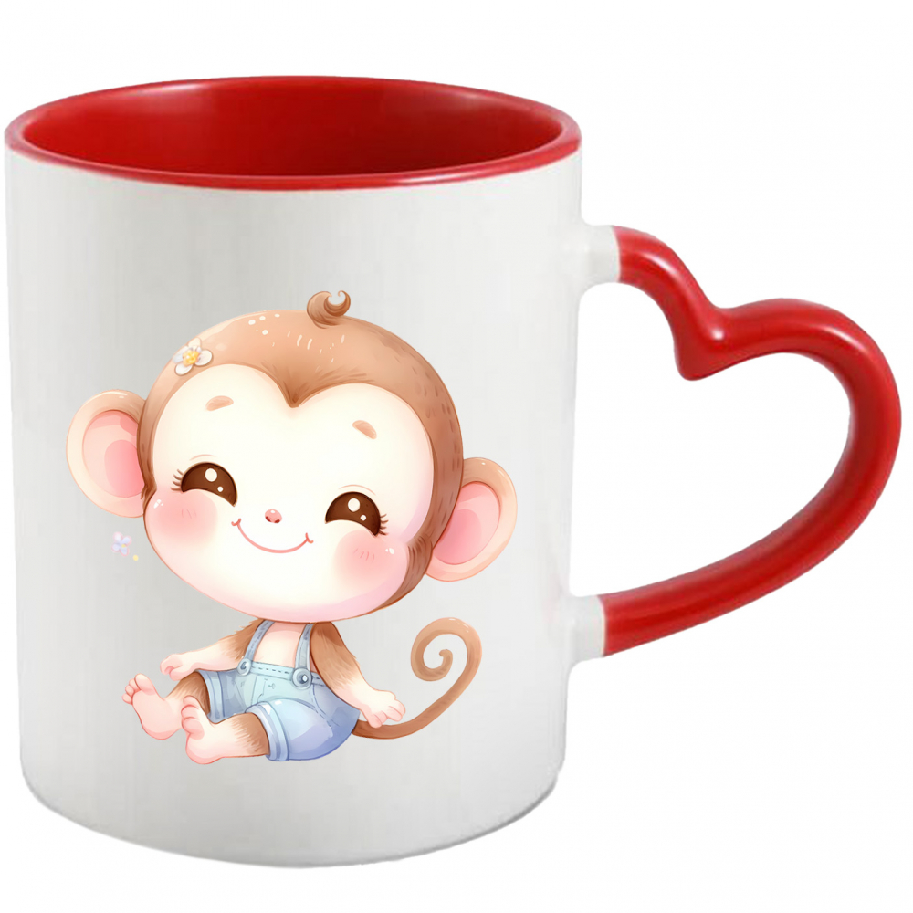 Cana cu o maimutica vesela | ilustratie | imbujorata | floricica | fericire | copilarie | parinti mandri | cuminte | 330ml | Ceramica cu Maner Inima Rosie [1]