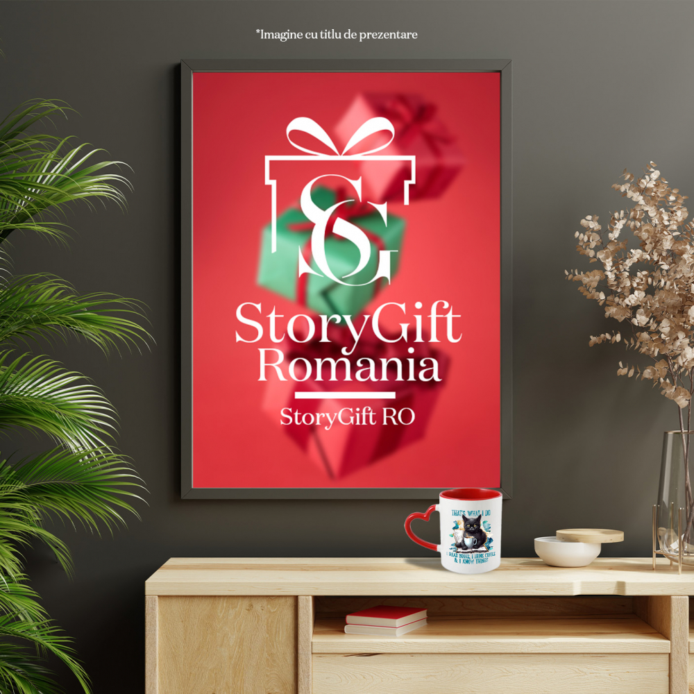 Cana cu o pisica neagra cu mesajul "That's what I do: I read books, I drink coffee & I know things", carte, ilustratie, literatura, citi, stie, bea cafea cu Maner Inima Rosie [4]