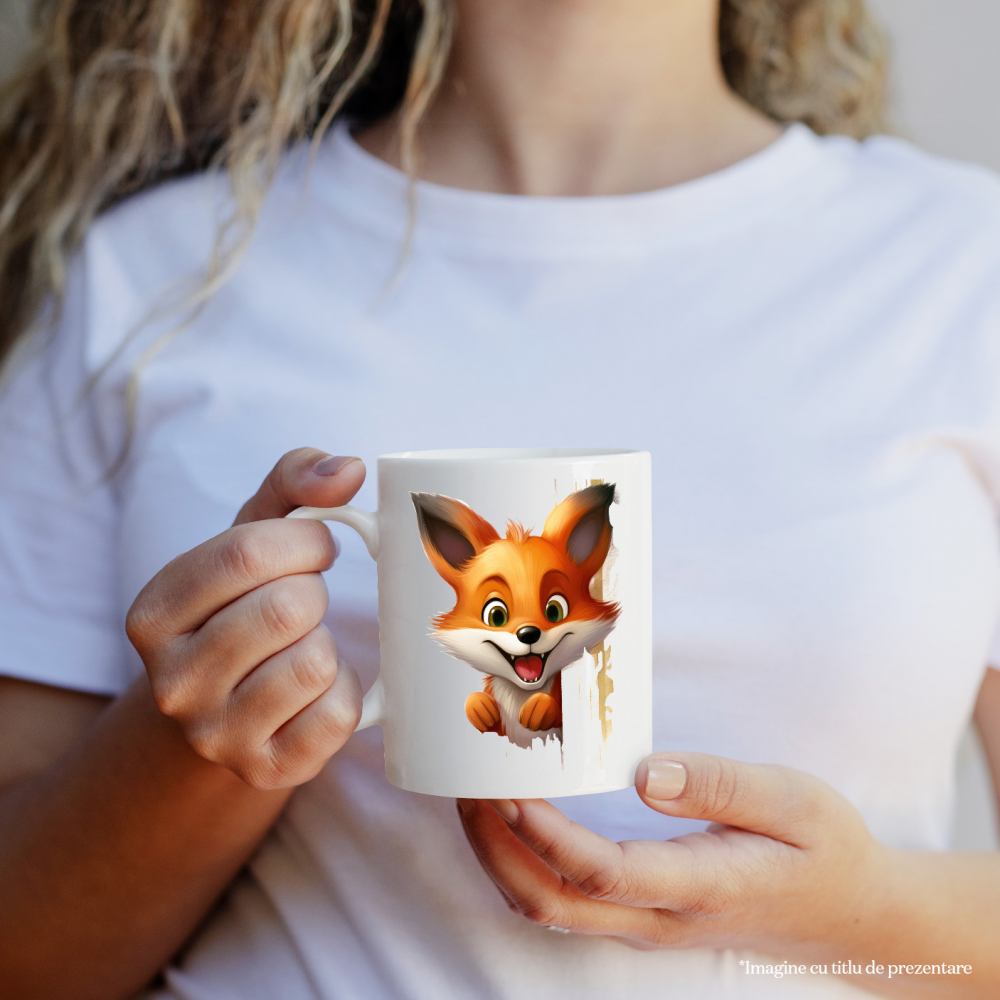 Cana cu o vulpe vesela | ilustratie | animal salbatic | natura | sireata si vicleana | 330ml | Ceramic cu Maner Alb [2]