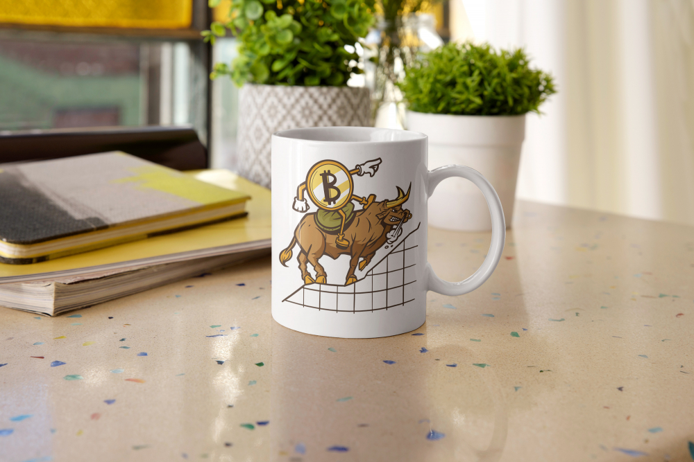 Cana Cu Omulet Bitcoin Catarand Pe Taur Statistica, Monede Virtuale, Investitii, Digitalizare, 330 ml, Maner Alb [3]