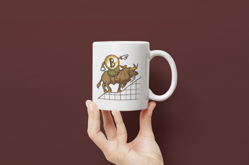 Cana Cu Omulet Bitcoin Catarand Pe Taur Statistica, Monede Virtuale, Investitii, Digitalizare, 330 ml, Maner Alb [2]