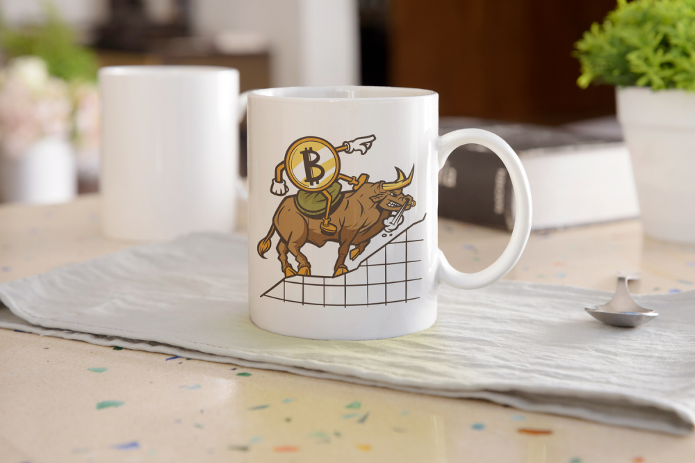 Cana Cu Omulet Bitcoin Catarand Pe Taur Statistica, Monede Virtuale, Investitii, Digitalizare, 330 ml, Maner Alb [4]