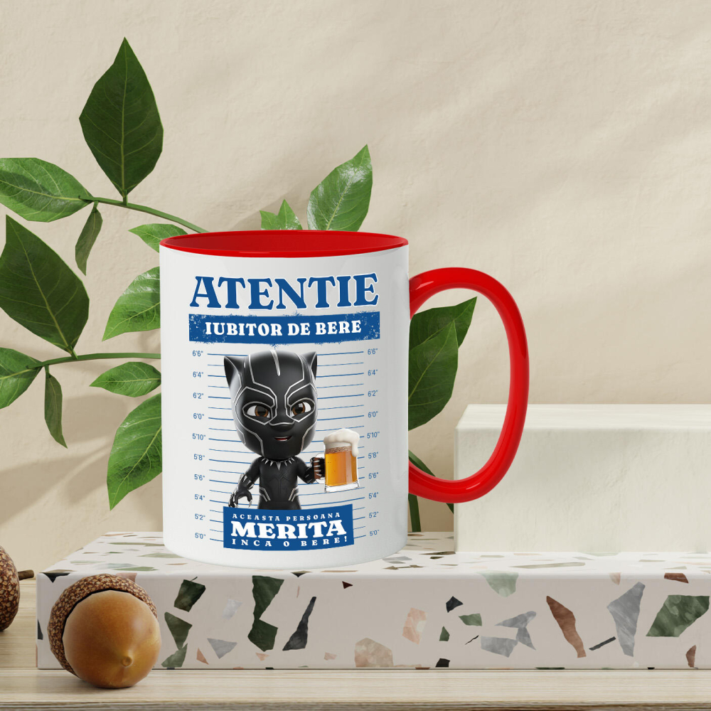 Cana Cu Pantera Neagră: Cadou si Bere pentru Momente de Neuitat Ceramica, 330ML, cu Maner Rosu [3]