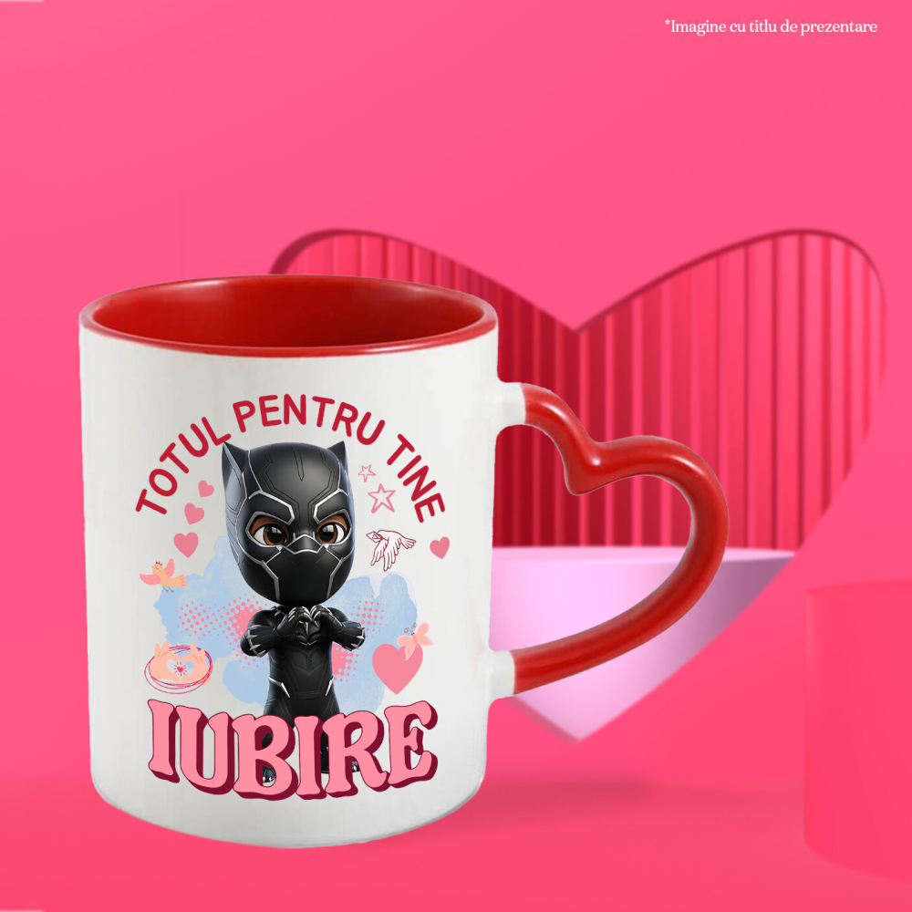 Cana Cu Pantera Neagra, Iubire, Dragoste, Afectiune, Inima Ceramica, 330ML, cu Maner Inima Rosie [2]
