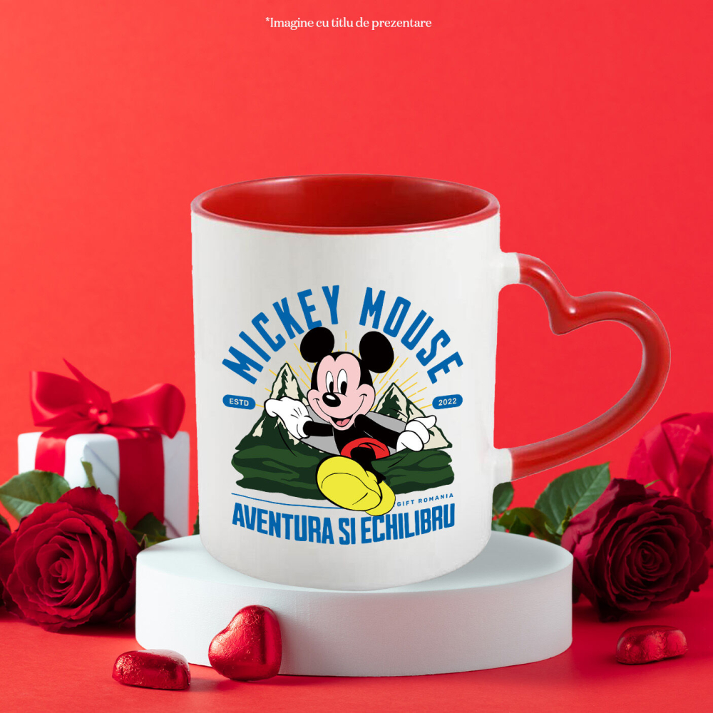 Cana Cu Pe Carari Montane cu Mickey Mouse Ceramica, 330ML, cu Maner Inima Rosie [3]