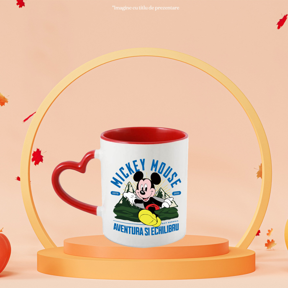 Cana Cu Pe Carari Montane cu Mickey Mouse Ceramica, 330ML, cu Maner Inima Rosie [2]
