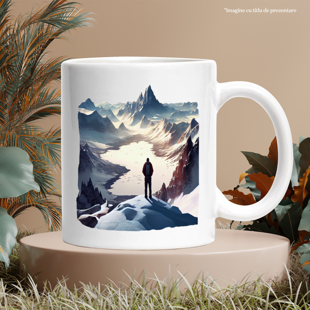 Cana Cu Peisaj, Munte, Lac, Zpada, Iarna, Drumet, Multicolor 330 ml, Ceramica cu Maner Alb [2]