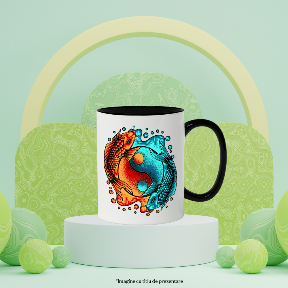 Cana Cu Pesti Koi, Ying Yang, Balanta, Asiatic, Multicolor 330 ml, Ceramica cu Maner Negru [2]