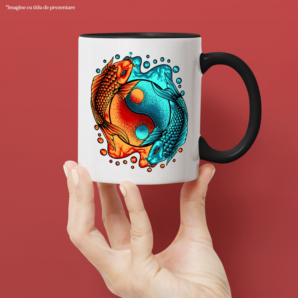 Cana Cu Pesti Koi, Ying Yang, Balanta, Asiatic, Multicolor 330 ml, Ceramica cu Maner Negru [3]