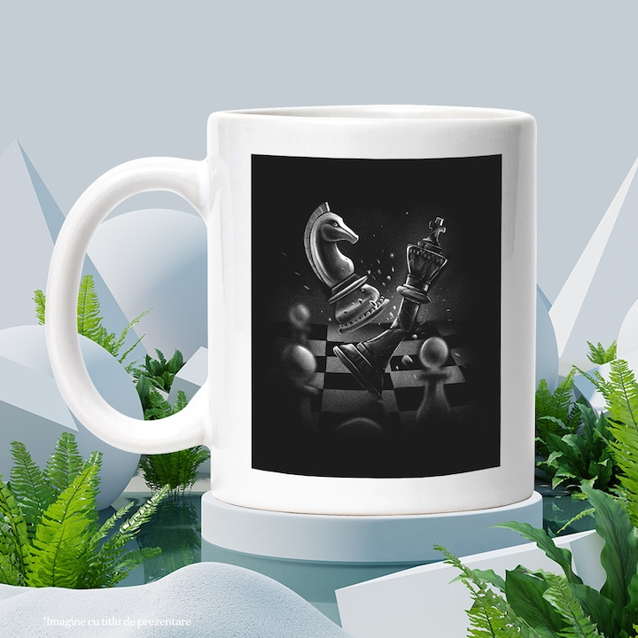 Cana Cu Piese De Sah, Jocul Mintii, Alb Negru, Iubitorii De Sah, 330 ml,   cu maner Alb [2]