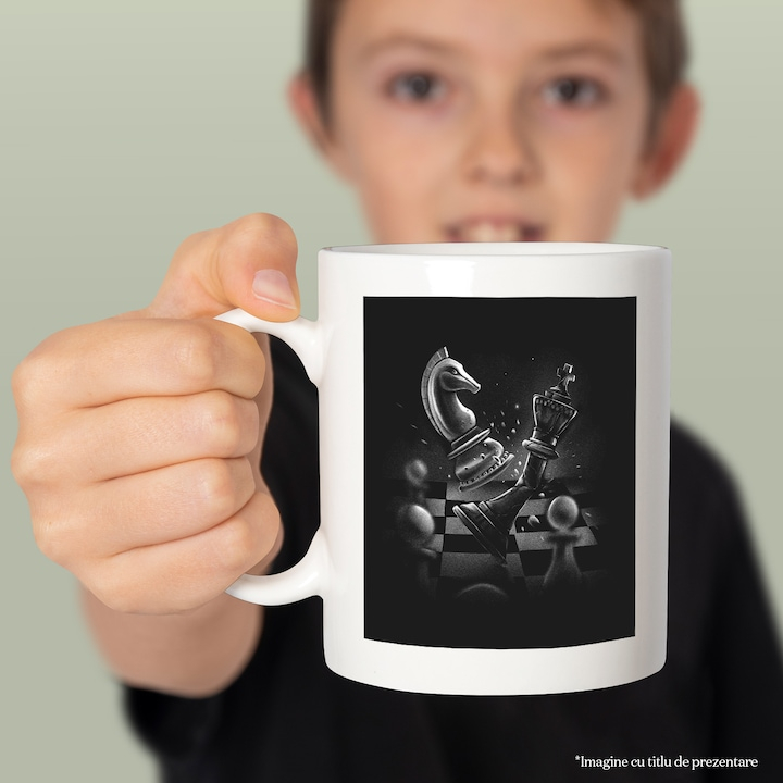 Cana Cu Piese De Sah, Jocul Mintii, Alb Negru, Iubitorii De Sah, 330 ml,   cu maner Alb [3]