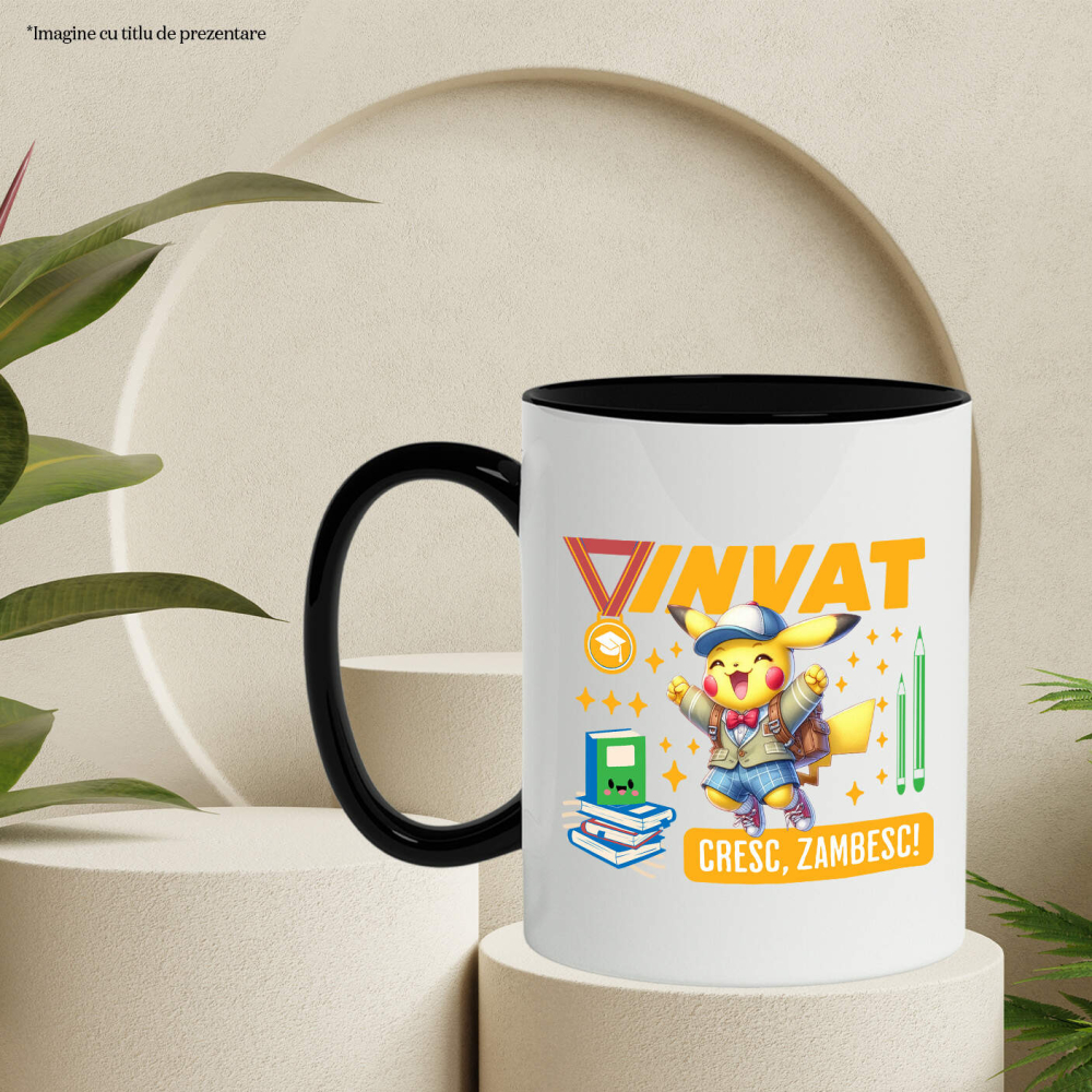 Cana Cu Pikachu – Cresc Invatand Zi de Zi Ceramica, 330ML, cu Maner Negru [3]