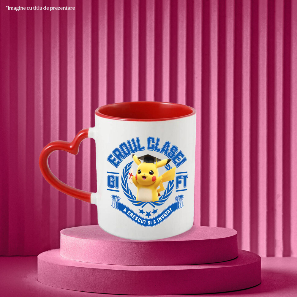Cana Cu Pikachu La Scoala: Puterea Prieteniei Ceramica, 330ML, cu Maner Inima Rosie [2]