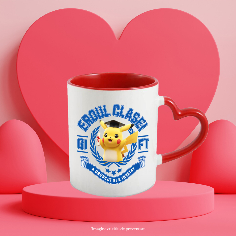 Cana Cu Pikachu La Scoala: Puterea Prieteniei Ceramica, 330ML, cu Maner Inima Rosie [3]