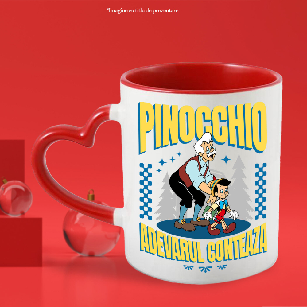 Cana Cu Pinocchio - Batrânul care il îndeamnă să învețe Ceramica, 330ML, cu Maner Inima Rosie [2]