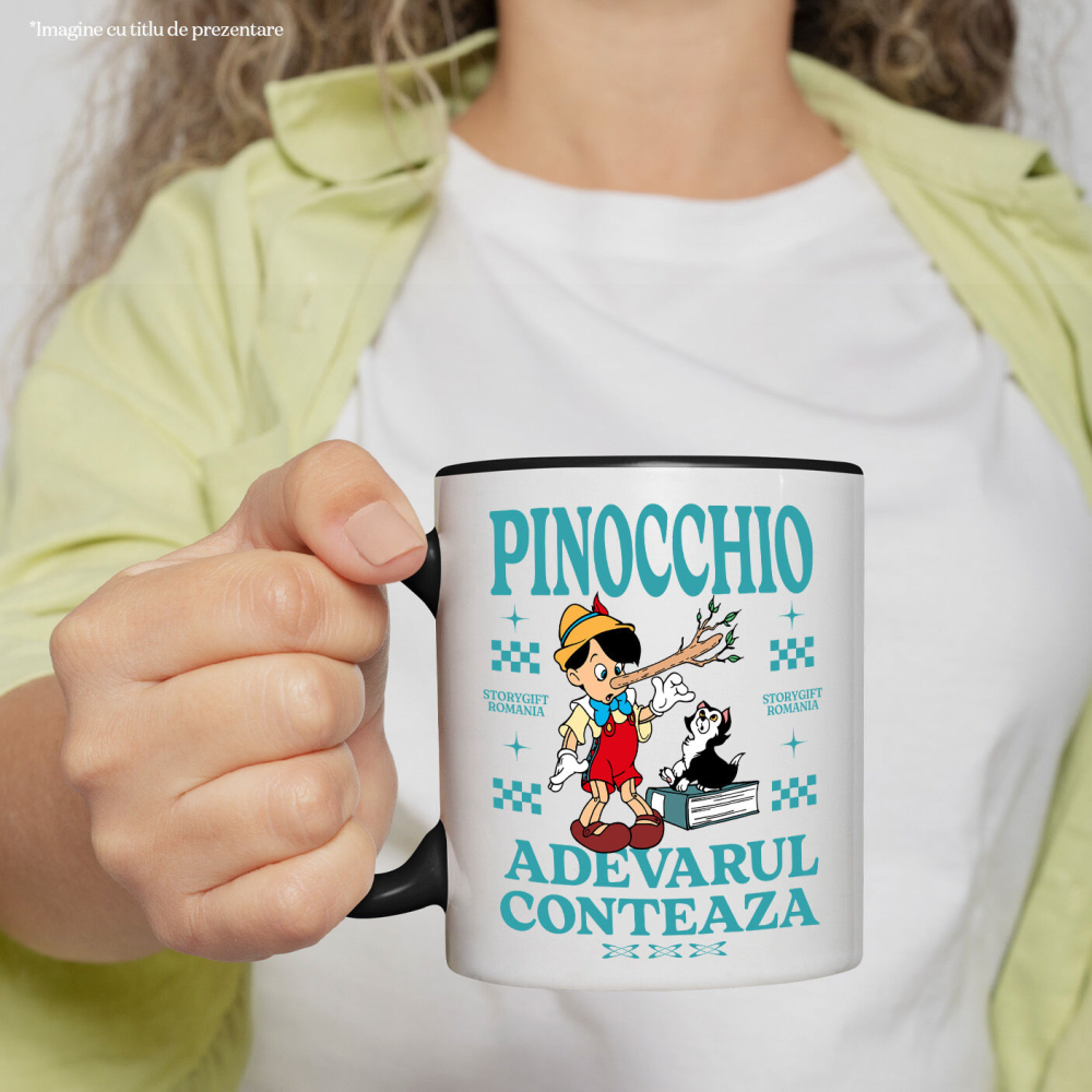 Cana Cu Pinocchio si pisica - Un baiat de lemn si o pisica la fel de isteata Ceramica, 330ML, cu Maner Negru [2]