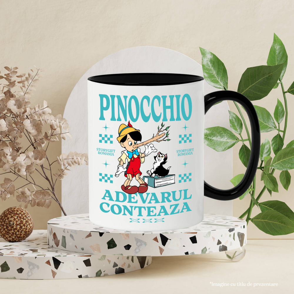 Cana Cu Pinocchio si pisica - Un baiat de lemn si o pisica la fel de isteata Ceramica, 330ML, cu Maner Negru [3]