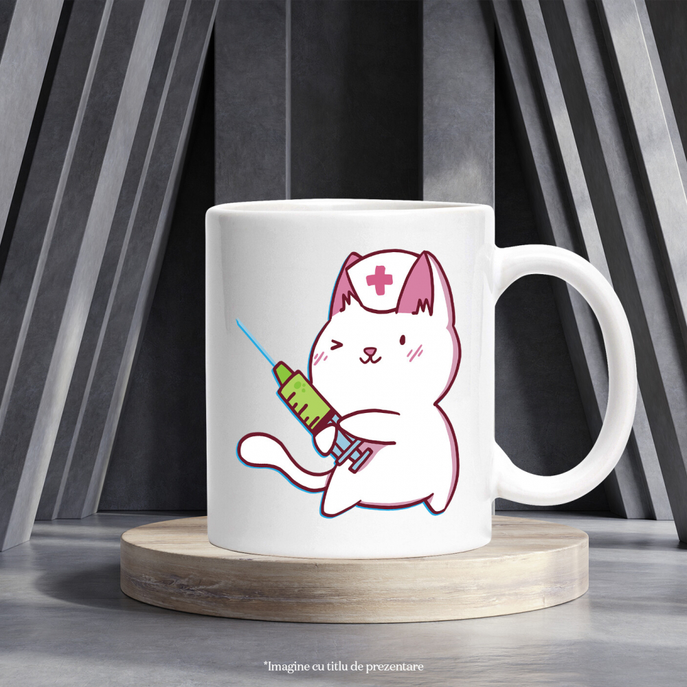 Cana Cu Pisica Alba Asistenta Cu Seringa, Asistente Medicale Super Erou, Iubitorii De Medicina, 330 ml, cu maner Alb [4]