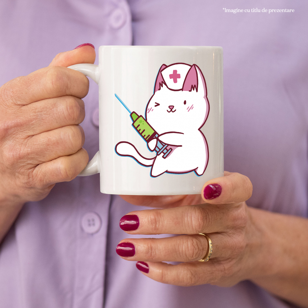 Cana Cu Pisica Alba Asistenta Cu Seringa, Asistente Medicale Super Erou, Iubitorii De Medicina, 330 ml, cu maner Alb [2]