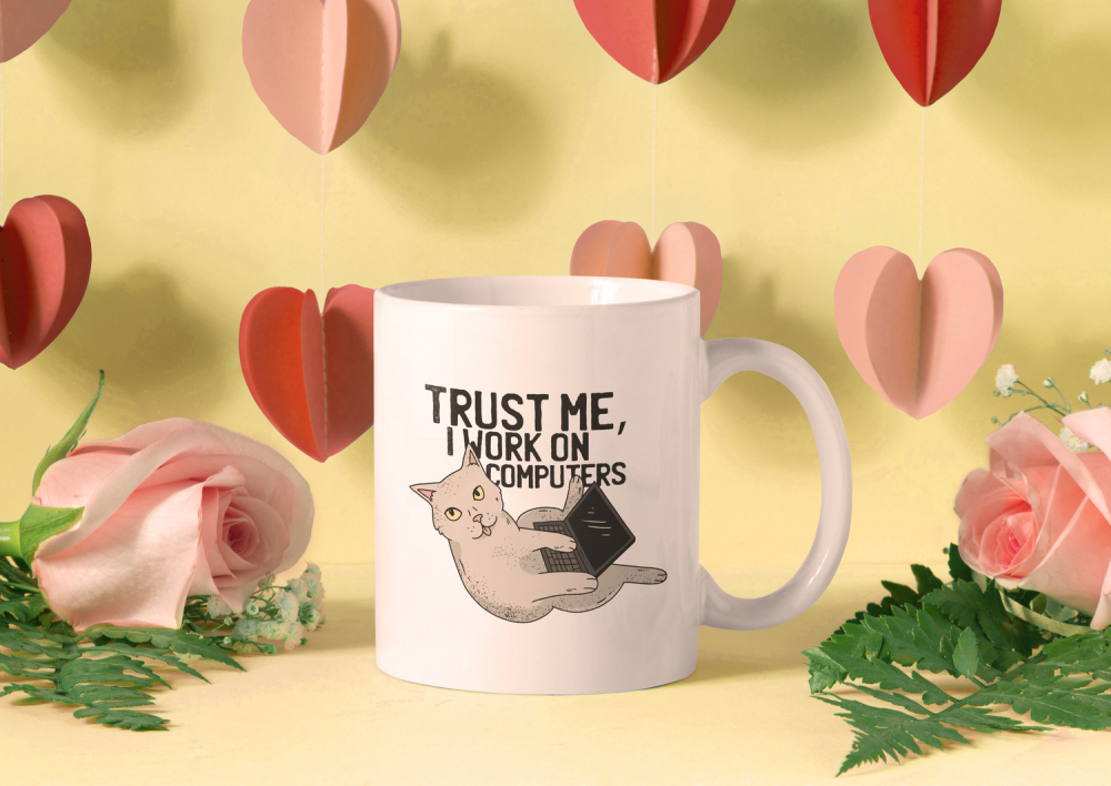 Cana Cu Pisica Cu Laptop, Text In Engleza Trust Me I Work On Computers, Work From Home, Loading, Iubitorii De Pisici Si Motani, Multicolor, 330 ml, Maner Alb [3]