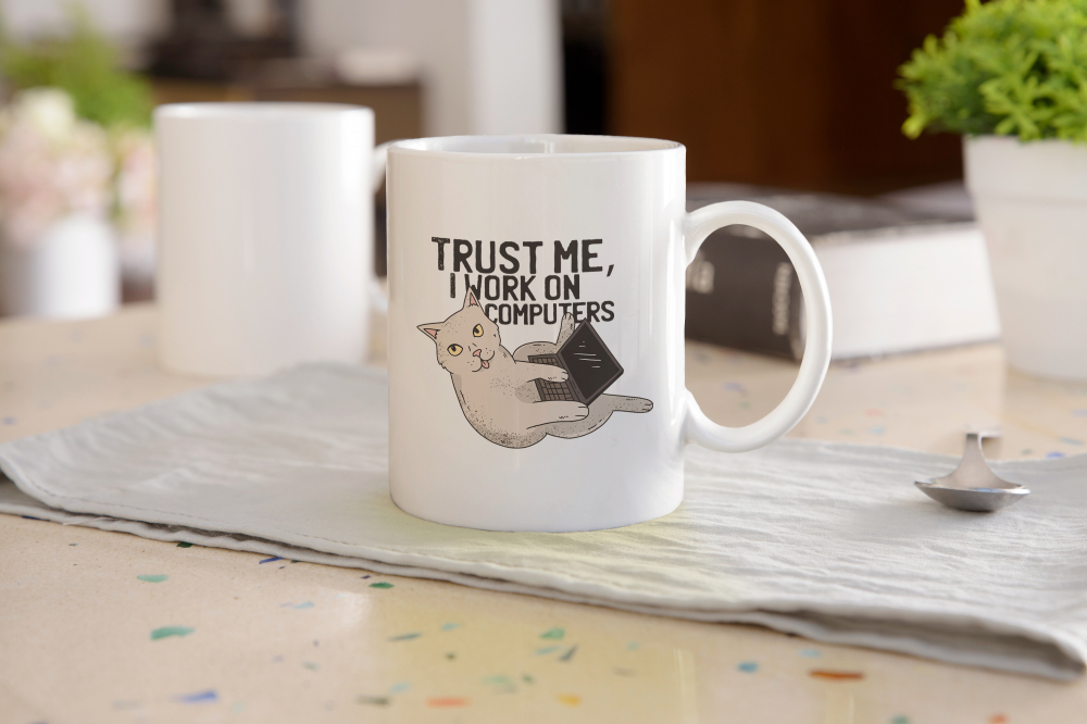 Cana Cu Pisica Cu Laptop, Text In Engleza Trust Me I Work On Computers, Work From Home, Loading, Iubitorii De Pisici Si Motani, Multicolor, 330 ml, Maner Alb [2]