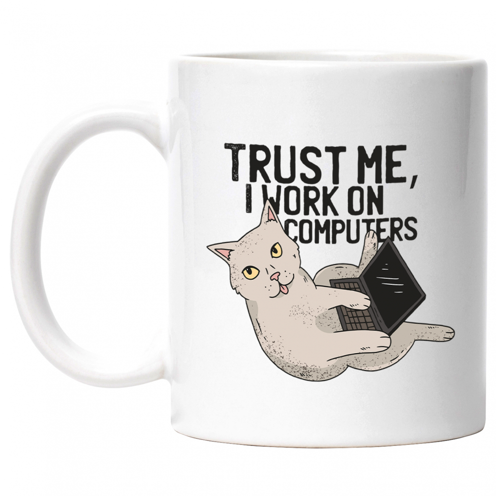 Cana Cu Pisica Cu Laptop, Text In Engleza Trust Me I Work On Computers, Work From Home, Loading, Iubitorii De Pisici Si Motani, Multicolor, 330 ml, Maner Alb [1]