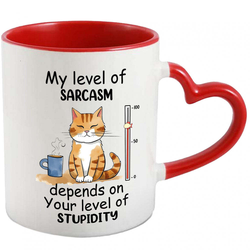 Cana cu pisica cu mesajul "My level of sarcasm depends on your level of stupidity", ilustratie, nivel, depinde, cafea cu Maner Inima Rosie [1]