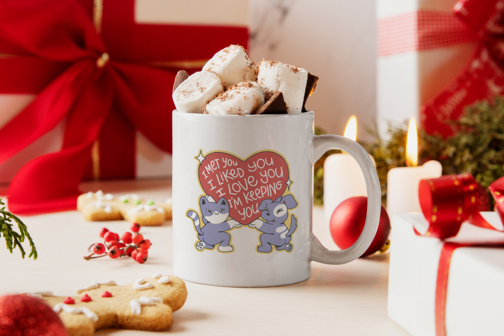 Cana Cu Pisica Si Caine Tinand O Inima mare, Mesaj In Engleza I Met You I Liked You I Love You I'm Keeping You, Pisici Si Motani, Iubitorii De Animale Blanoase, Roz, 330 ml, Maner Alb [3]