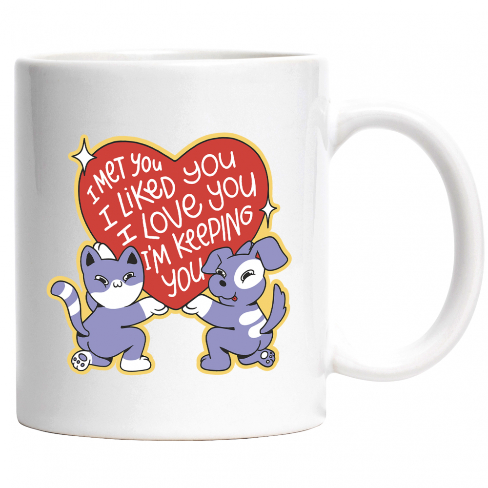 Cana Cu Pisica Si Caine Tinand O Inima mare, Mesaj In Engleza I Met You I Liked You I Love You I'm Keeping You, Pisici Si Motani, Iubitorii De Animale Blanoase, Roz, 330 ml, Maner Alb [4]