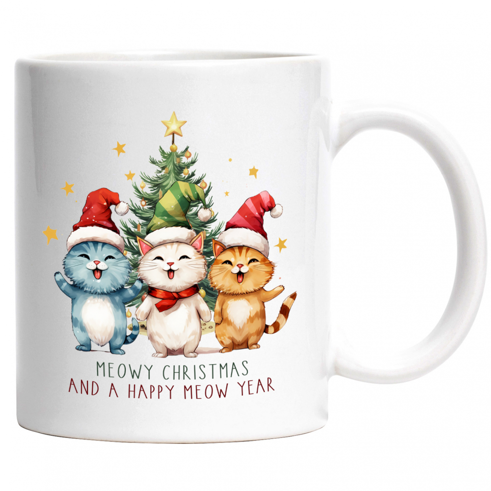 Cana cu pisoi cu mesajul "Meowy Christmas and a Happy Meow Year", Craciun fericit, ilustratie, iarna, an nou fericit, brad cu Maner Alb [1]