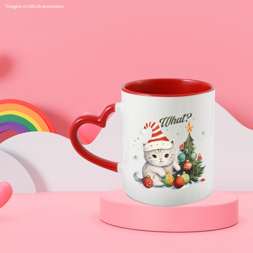 Cana cu pisoi cu mesajul "What?", Craciun fericit, ilustratie, iarna, globuri, brad, stea, ce cu Maner Inima Rosie [2]