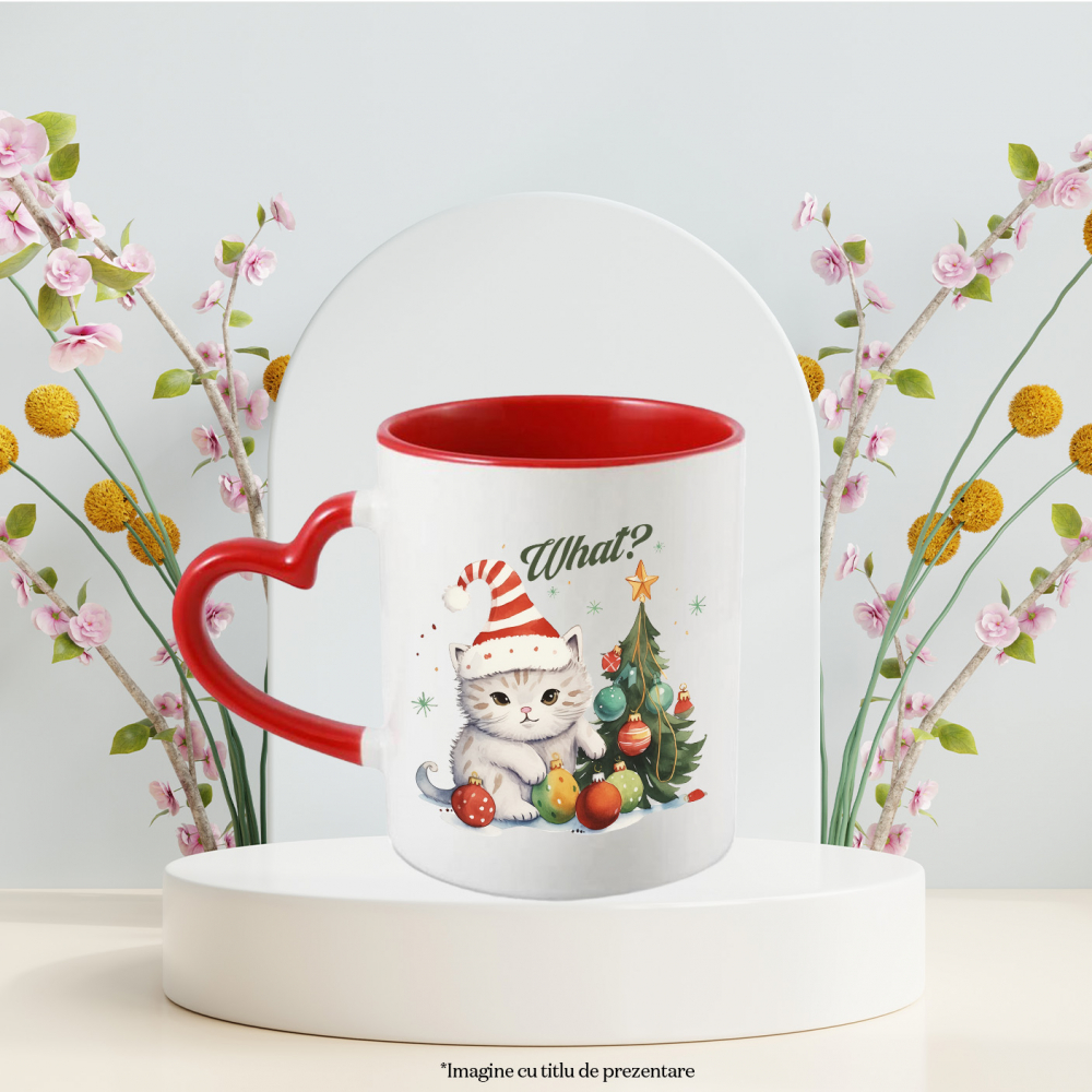 Cana cu pisoi cu mesajul "What?", Craciun fericit, ilustratie, iarna, globuri, brad, stea, ce cu Maner Inima Rosie [3]