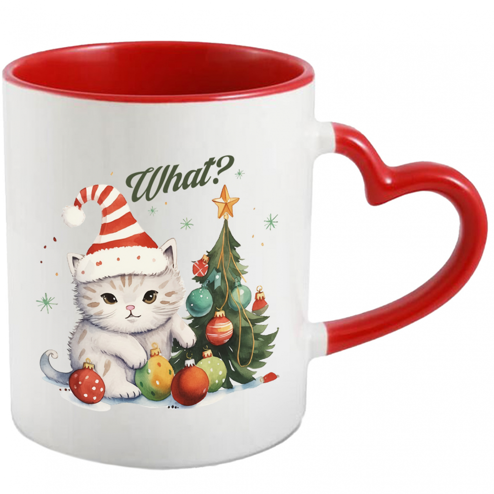 Cana cu pisoi cu mesajul "What?", Craciun fericit, ilustratie, iarna, globuri, brad, stea, ce cu Maner Inima Rosie [1]