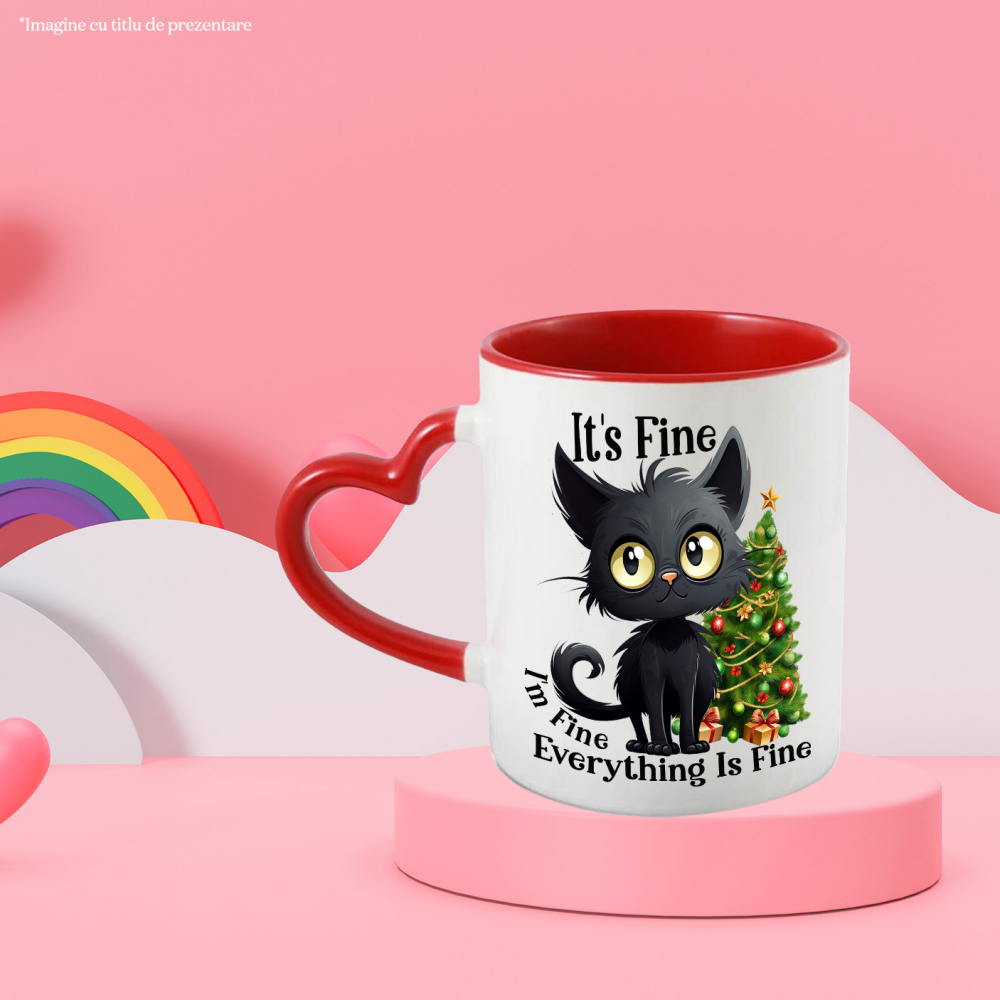 Cana cu pisoi negru cu mesajul "It's fine, I'm fine, Everything is fine", totul e bine, brad, Craciun fericit, ilustratie, iarna, globulete cu Maner Inima Rosie [2]