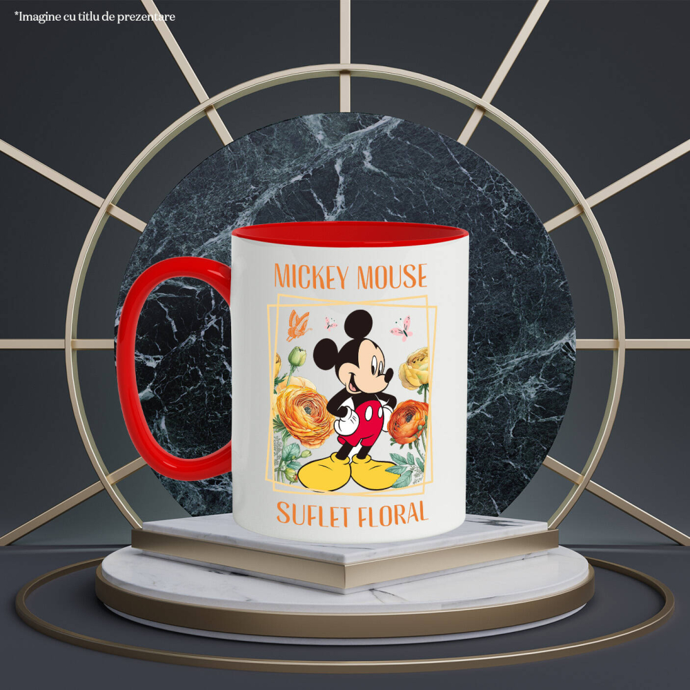 Cana Cu Plimbare cu Mickey Mouse Printre Flori Ceramica, 330ML, cu Maner Rosu [3]