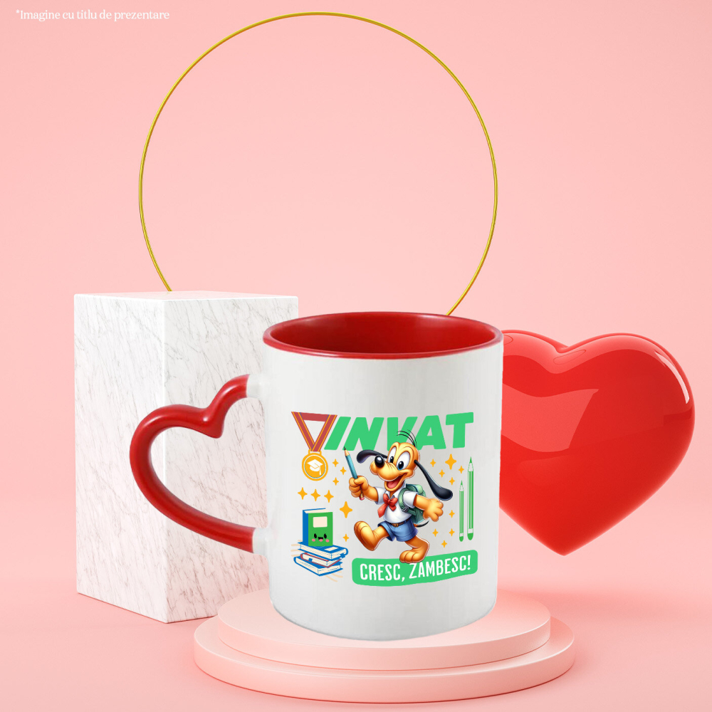 Cana Cu Pluto: Curaj, Invataturi Si Zambete Ceramica, 330ML, cu Maner Inima Rosie [3]