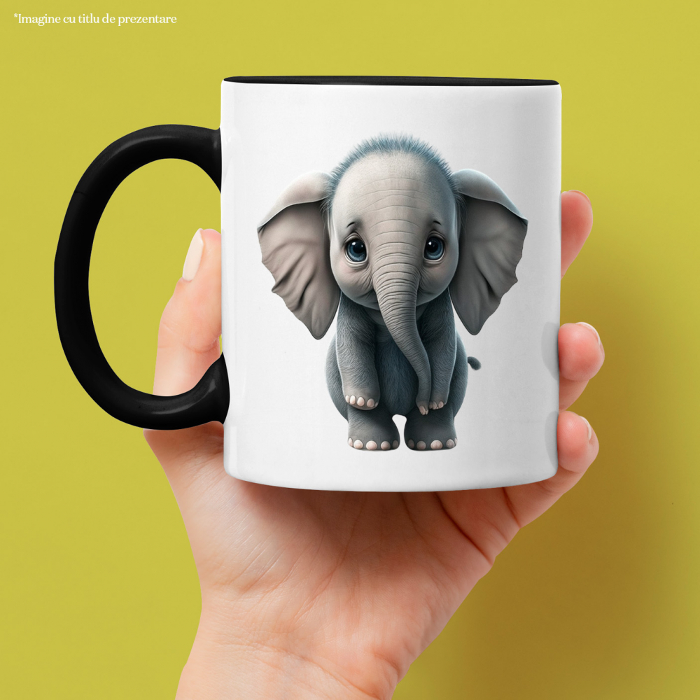 Cana cu Portret Elefant Realist, Dragut, Micut, Gri, Trompe de Elefanti, Ochii Albastri, Elefant, Iubitori de Animale, Ceramica, 330ml, cu Maner Negru [2]