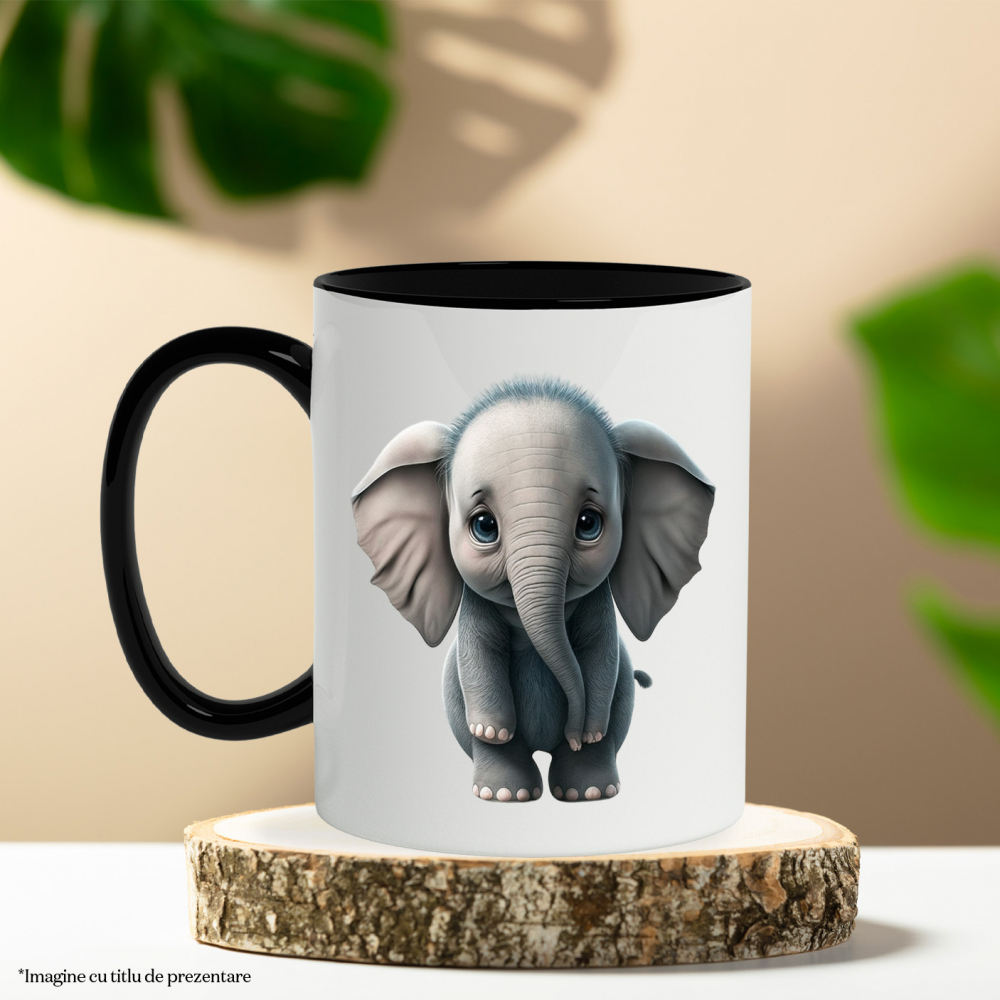Cana cu Portret Elefant Realist, Dragut, Micut, Gri, Trompe de Elefanti, Ochii Albastri, Elefant, Iubitori de Animale, Ceramica, 330ml, cu Maner Negru [3]