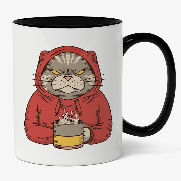 Cana Cu Portret Pisica Suparata In Hanorac Cu Gluga Rosu, Cana De Cafea, Desene animate, Iubitorii De Pisici Si Motani,  Maner Negru 330 ml, Maner Negru [1]