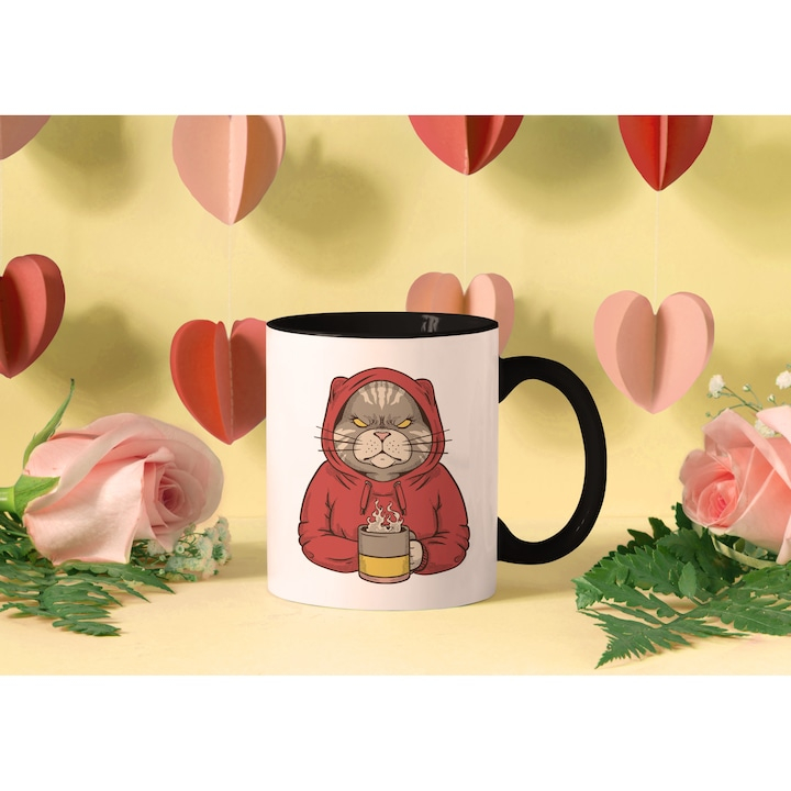 Cana Cu Portret Pisica Suparata In Hanorac Cu Gluga Rosu, Cana De Cafea, Desene animate, Iubitorii De Pisici Si Motani,  Maner Negru 330 ml, Maner Negru [2]