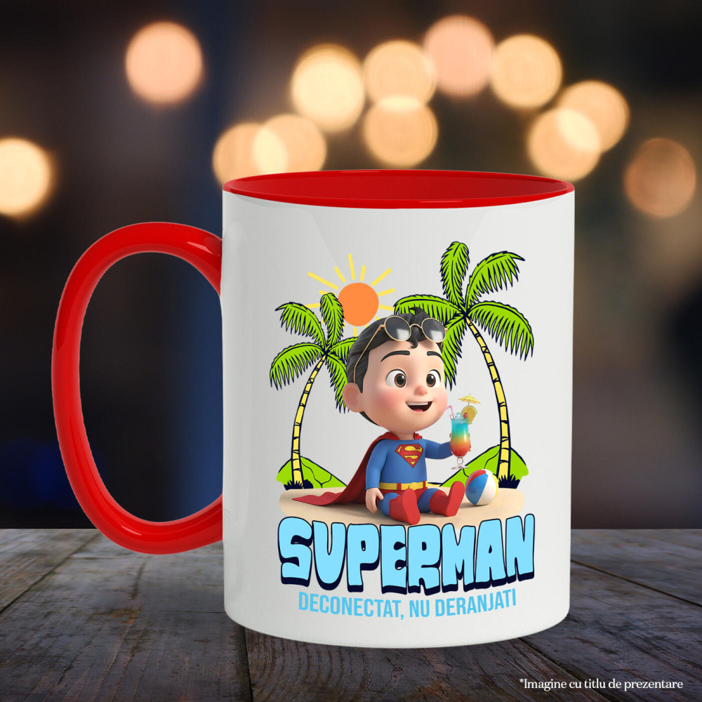 Cana Cu Relaxare Sub Soare cu Superman Ceramica, 330ML, cu Maner Rosu [3]