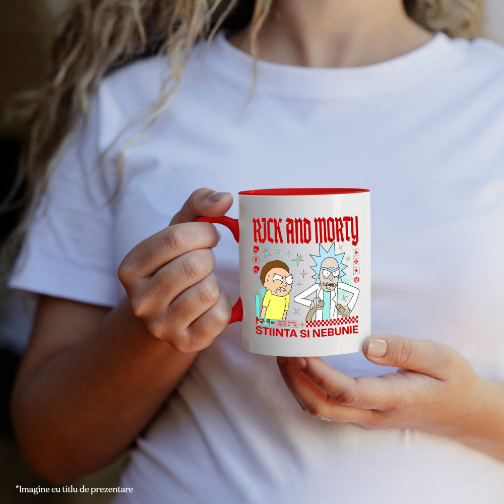 Cana Cu Rick & Morty Fac Un Nou Experiment Ceramica, 330ML, cu Maner Rosu [2]